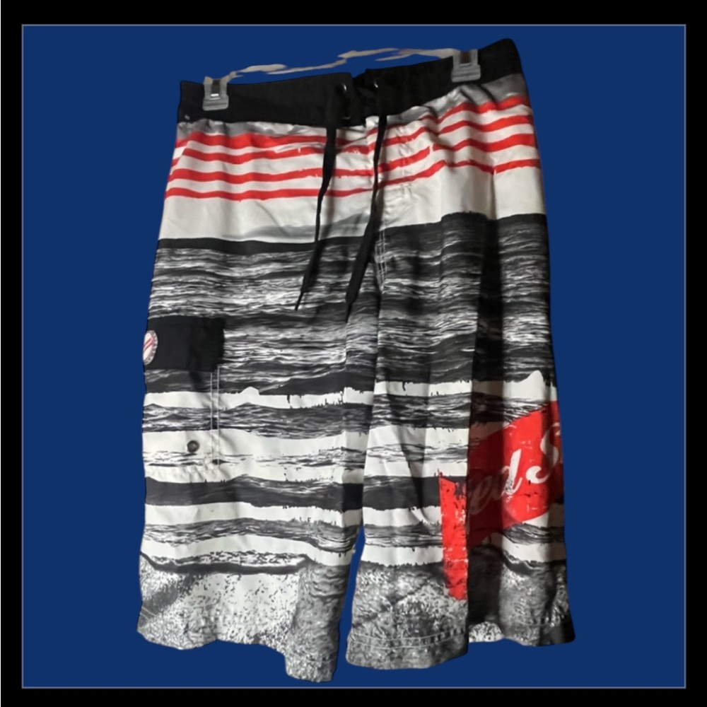 JAEGERMEISTER Red Stripe Black and White Artistic Board Shorts